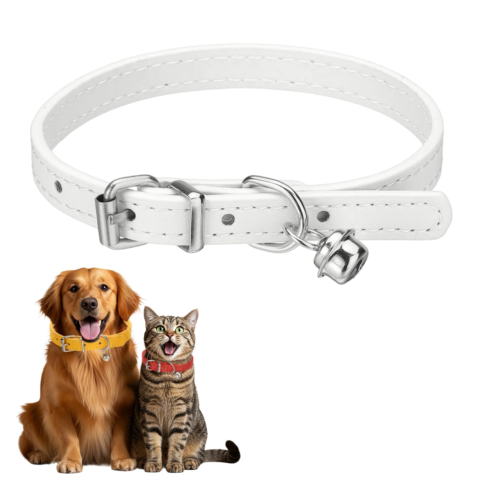 sourcing map Dog Collar with Bell, Pu Leather Cat Collars Pet Basic Soft Padded Adjustable Buckle, 12" (White, 1 Pcs), Intended for Teacup/Little Dog/Kitten Cats/Small Animals