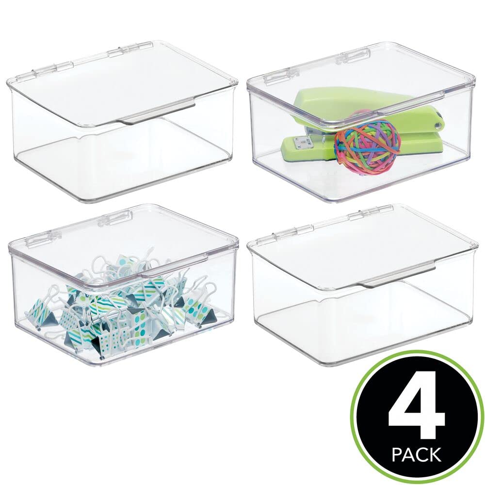 mDesign Set da 4 organizer portaoggetti da scrivania – Scatola in plastica senza BPA impilabile per l'ufficio – Scatola con coperchio per penne, gomme e altri articoli di cancelleria – trasparente