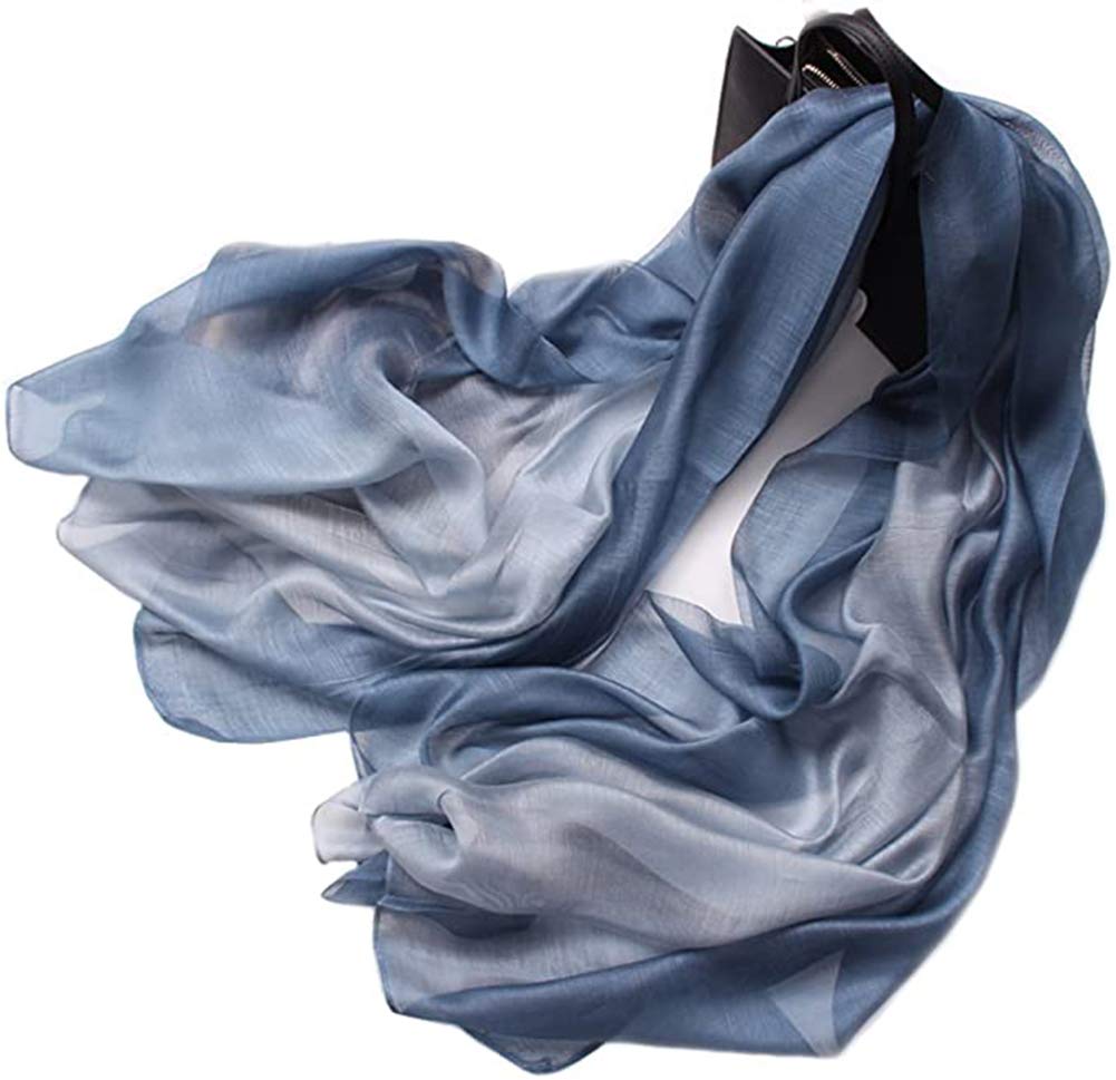 Qikegooods Women's Blue Grey Cotton Silk Scarves For Gradient Color Long Shawl Wrap Neck Scarves Soft Scarf Shawl Wrap Stole Scarf