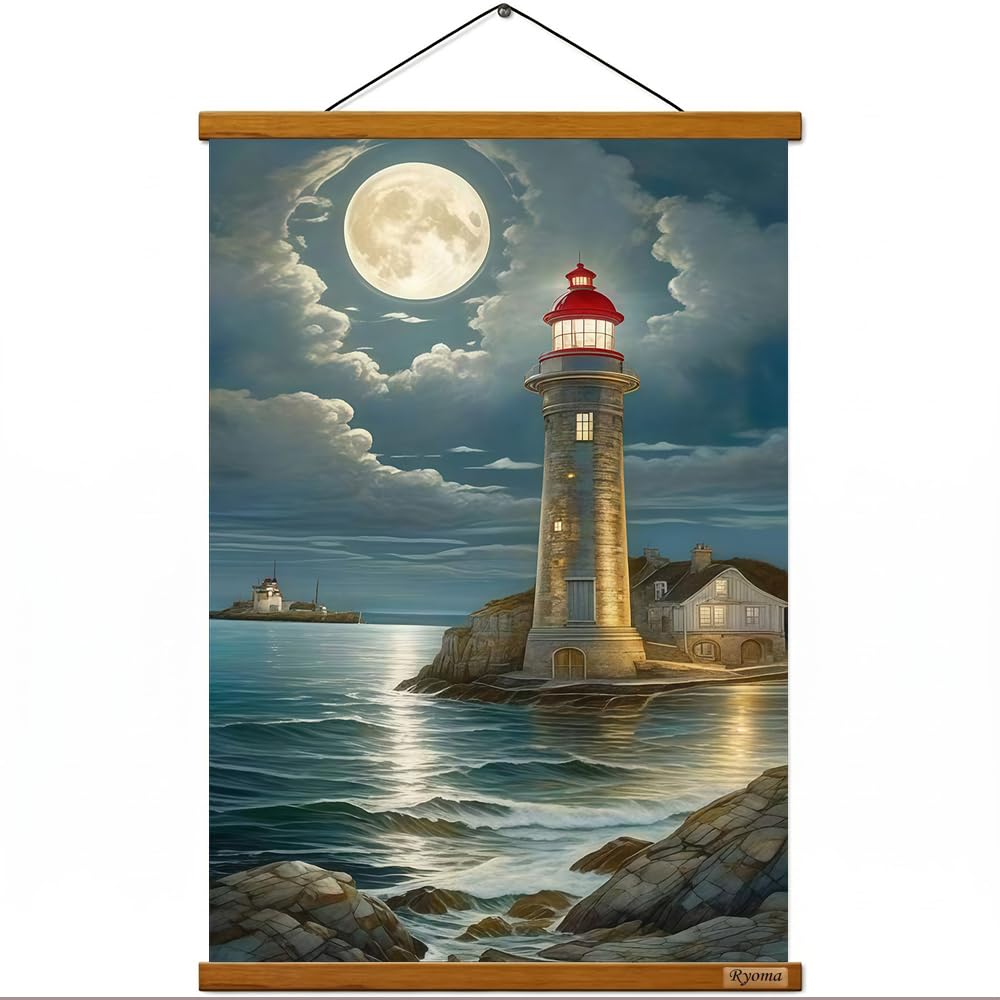 Ryoma Hanging Scroll Canvas Wall Art,Wooden Scroll Hanging Painting, HD Watercolor Print Canvas Wall Decor 16x24in (Moonlight Lighthouse)