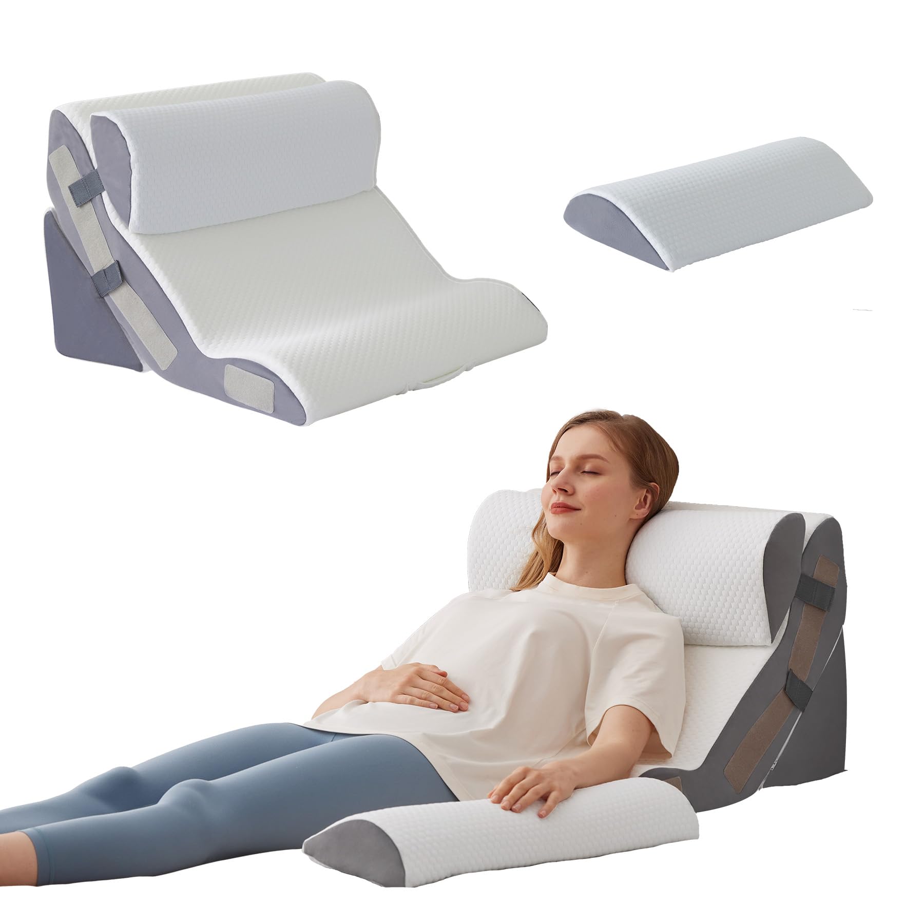 4PCS Orthopedic Bed Wedge Pillow Set for Sleeping, Sitting up in Bed, 6-in-1 Foam Wedge Pillow for Acid Reflux & Back Pain Relief & Leg Elevation, Post Surgery Pillow for GERD & Snoring, White