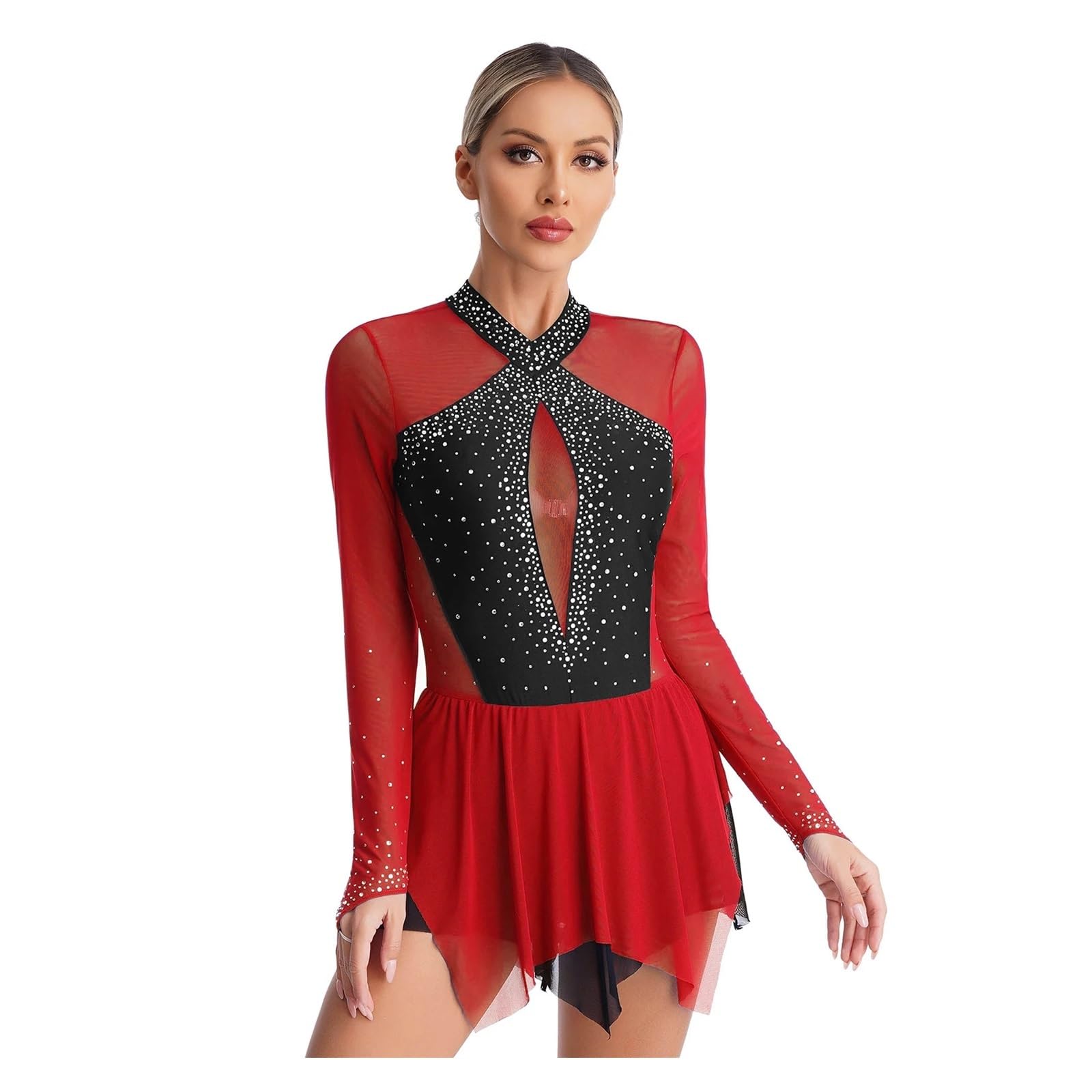 Body Pattinaggio Vestito da Pattinaggio su Ghiaccio con Strass Scintillanti da Donna, Body da Danza, Patchwork, Orlo Irregolare, Manica Lunga, Abbigliamento da Ballo lirico(Deep Red,S)