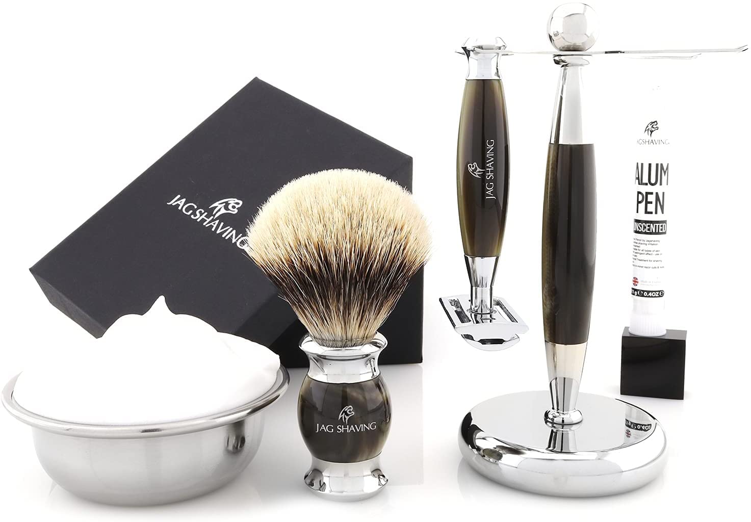 Jag Shaving Jag's Lee Range - Juego de afeitado de 3 piezas (brocha de afeitar de pelo de tejón puntiagudo, cuchillas de afeitar de doble filo, soporte para afeitar, imitación de hornión verde)