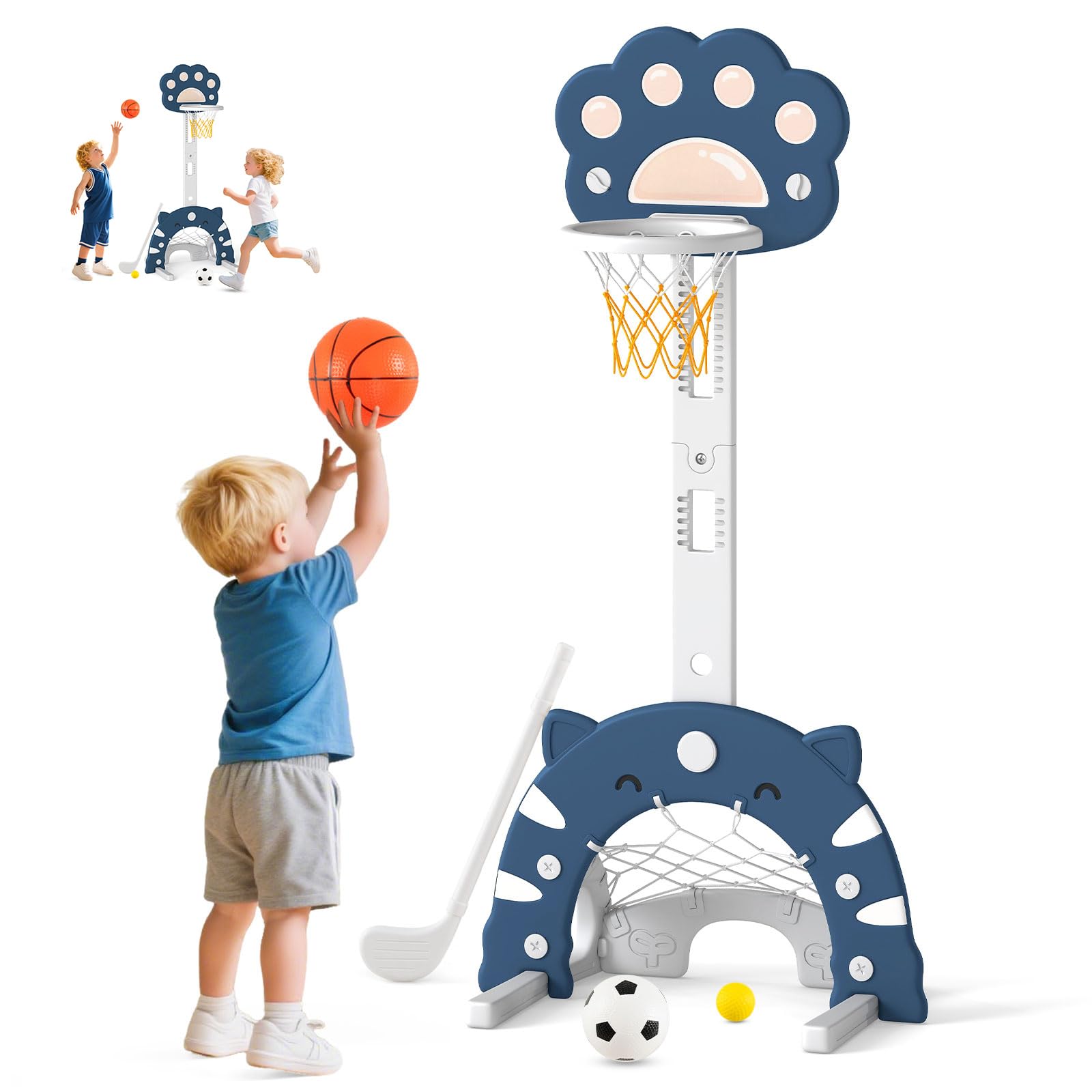 RELAX4LIFE Canestro da Basket 3 in 1 Regolabile in Altezza per Bambini, Pieghevole e Smontabile con Giochi di Calcio e Golf, Centro Sportivo per Bambini dai 3 Anni in Su (BLU)