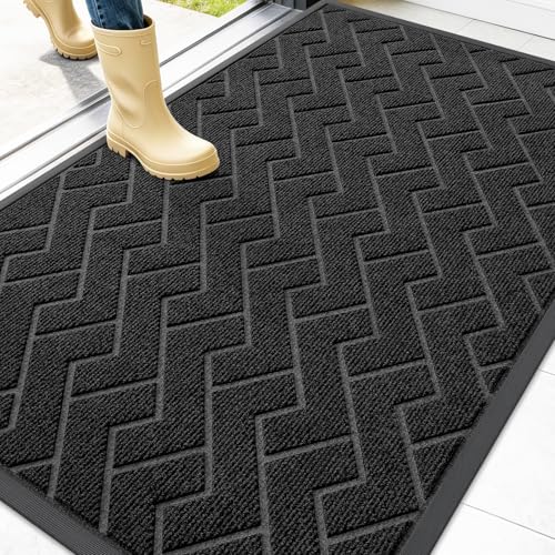 Image of OLANLY Front Door Mat Indoor Outdoor Entrance, Waterproof All-Season, All-Weather Doormat, Sturdy Natural Rubber, Low Profile, Easy Clean Patio Porch Entryway Mat, Herringbone Brick (Black, 47x32)