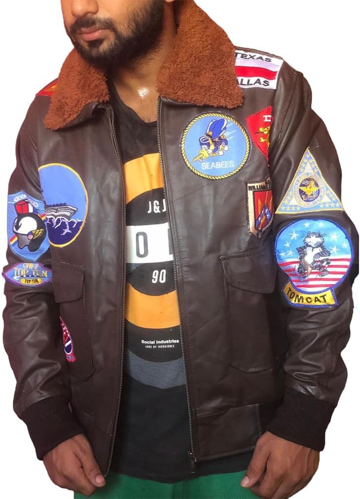 Men Brown Patches Jacket - Tom Gun G1 Bomber Maverick Aviator Leather Fur Collar Flight Jacket -Cruise Brown Leather Jacket