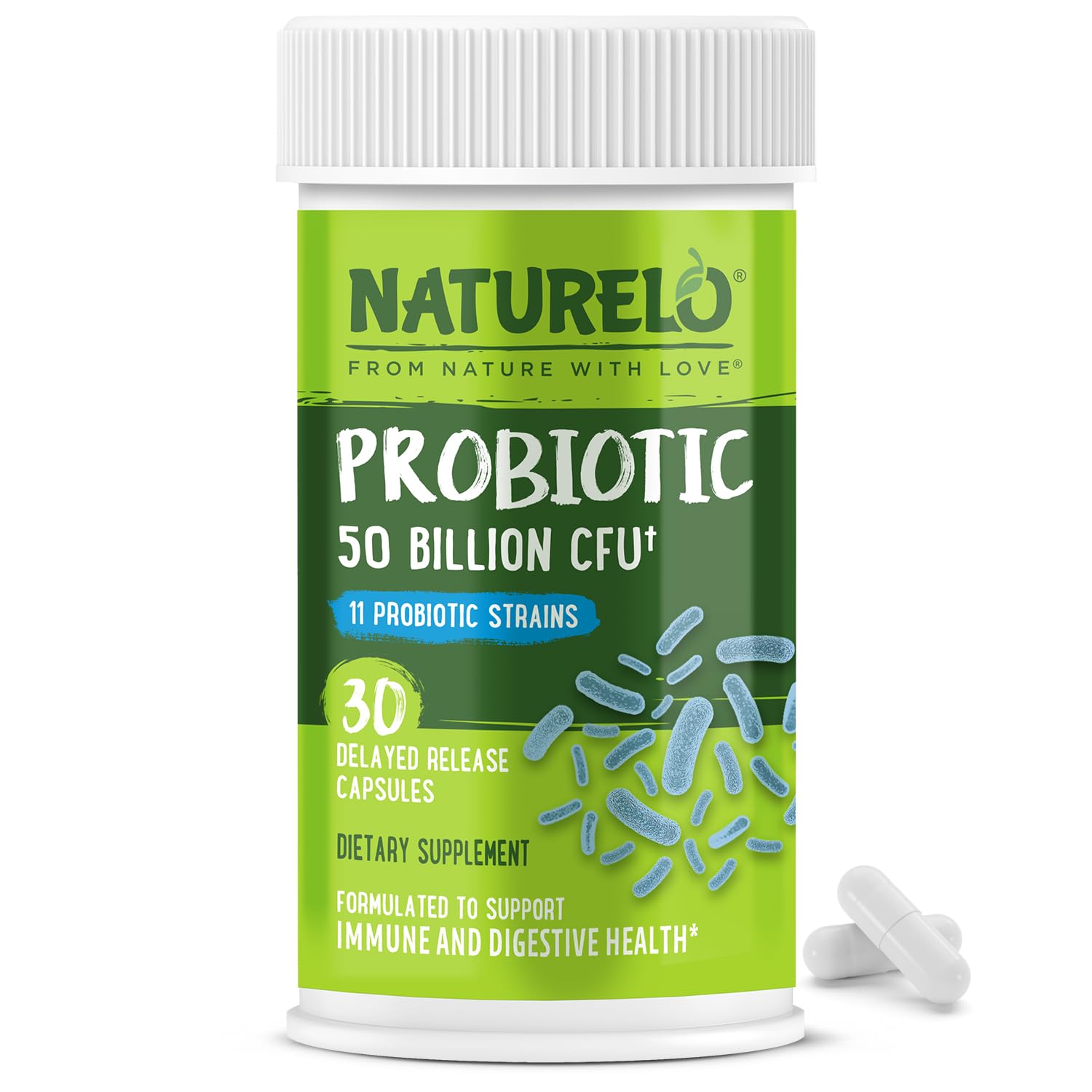 NATURELO Probiotics for Digestive Health - 50 Billion CFU, 11 Strains Daily Supplement - Boosts Immune System, Delayed Release, 30 Vegetarian Capsules