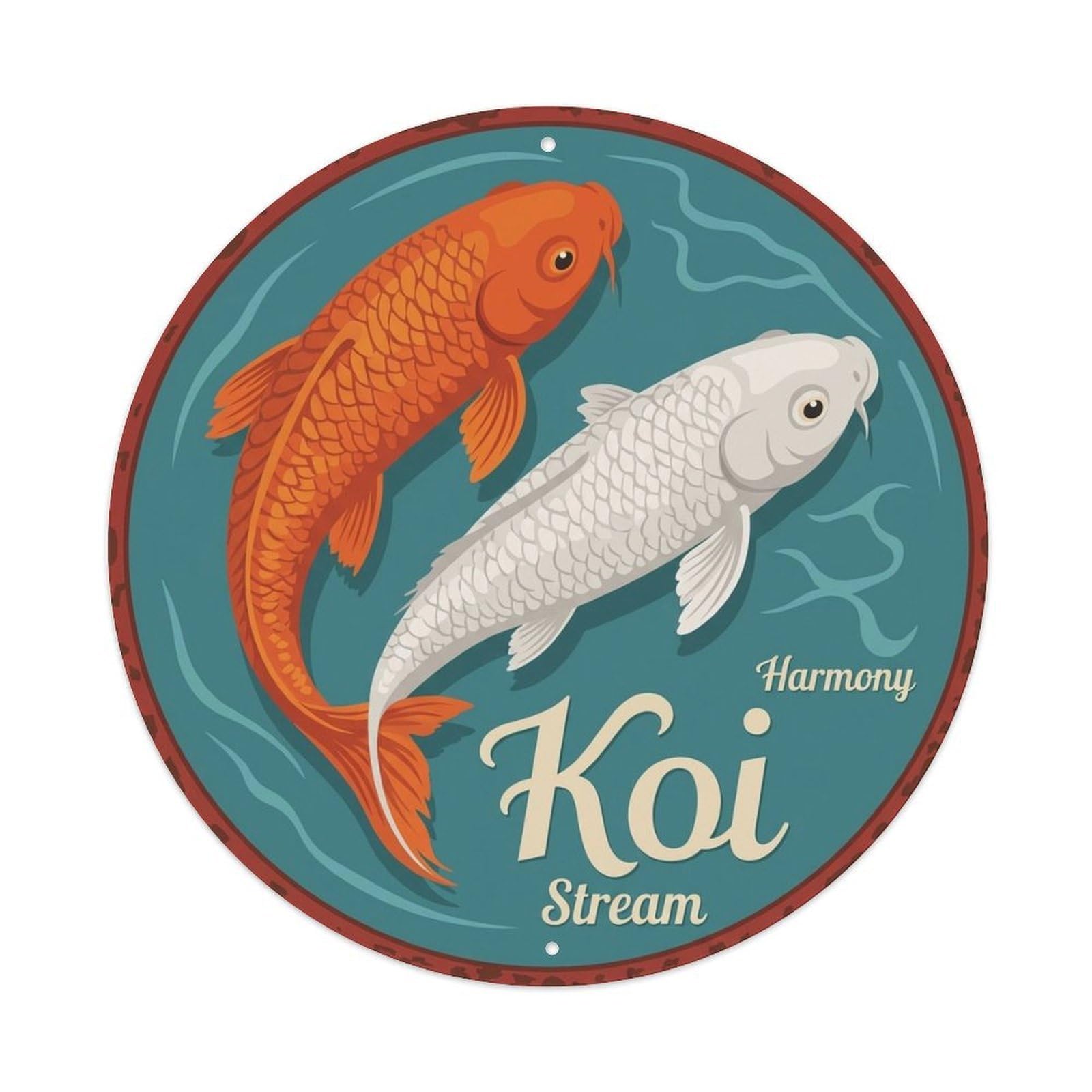 Koi Pond Water Balance Energy Prosperity Metal Tin Sign Plaque Wall Decor for Cafe, Man Cave, Club Bar, Office, Home Garden Round Metal Poster 8x8Inch