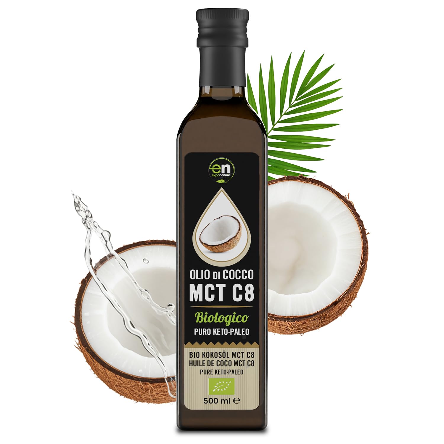 Exponatura Aceite MCT C8 Orgánico 500 ml - 100% Extracto de Aceite de Coco, Ácido Caprílico Puro - Energía Natural para Dieta Keto y Paleo - Vegano