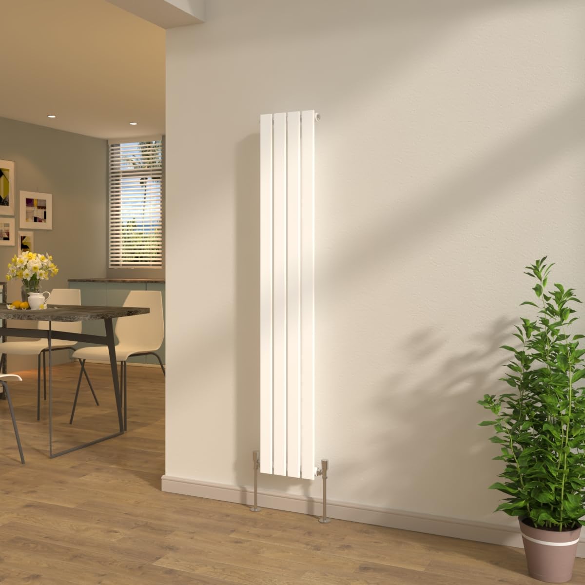 NRG Gloss White Flat Panel Single Column Designer Radiator 1600x272mm Vertical Bathroom Central Heating + Free Angled Valves — image 1