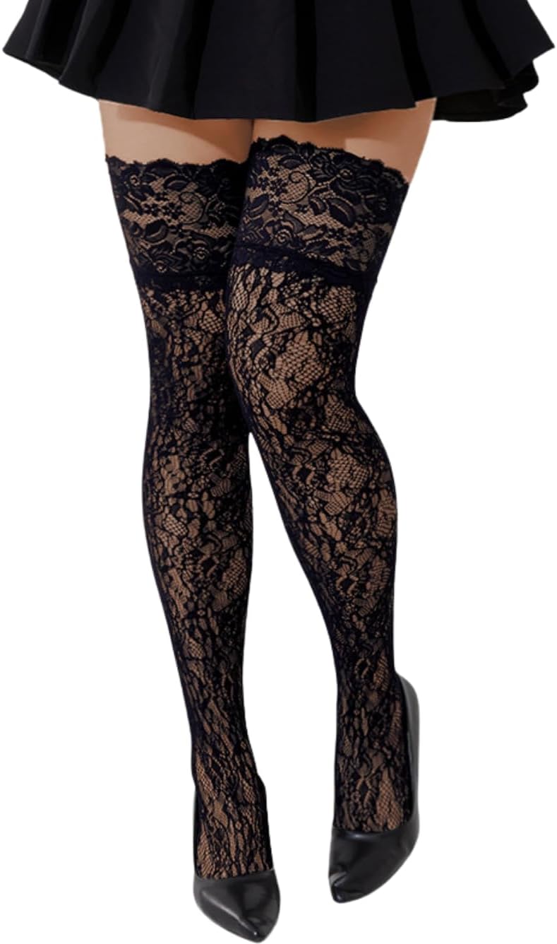 Lace Thigh Highs,Patterned Fishnet Stockings For Women,Goth Floral Tights Costume Festival Party Size 0-10