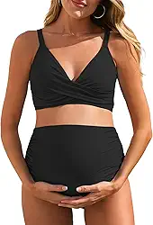 Biquíni para gestantes, duas peças, cores contrastantes, gola V, cintura alta, roupa de banho para gravidez