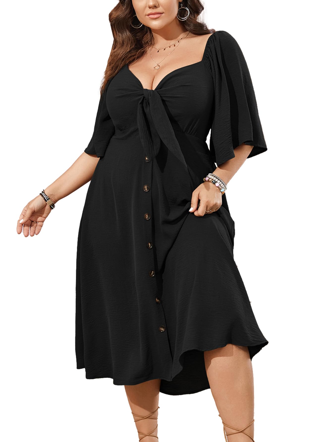SCOMCHIC Smocked Button Midi Dress