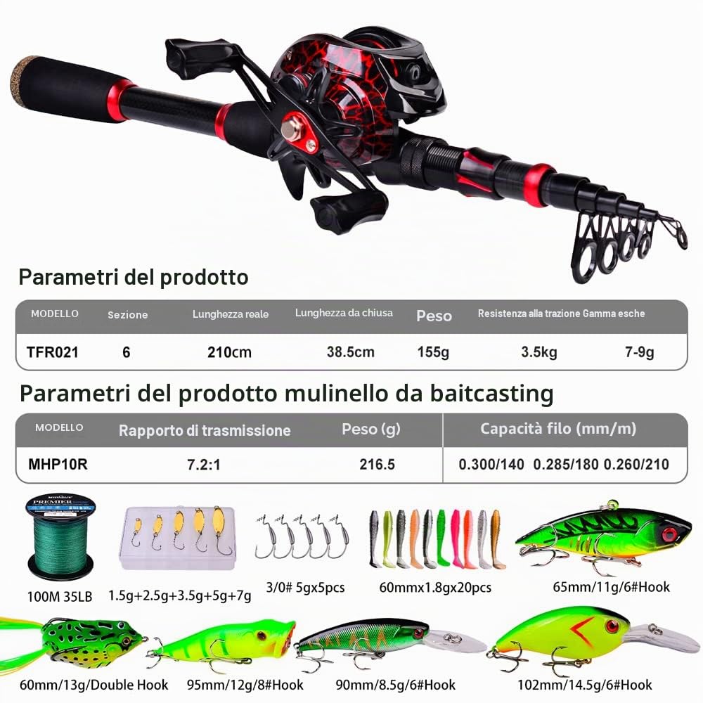 Canna da pesca e mulinello Combo, canna da pesca telescopica in fibra di carbonio da 2,1 m con mulinello da spinning/baitcasting, set di attrezzatura da pesca in acqua salata d'acqua dolce ghiaccio