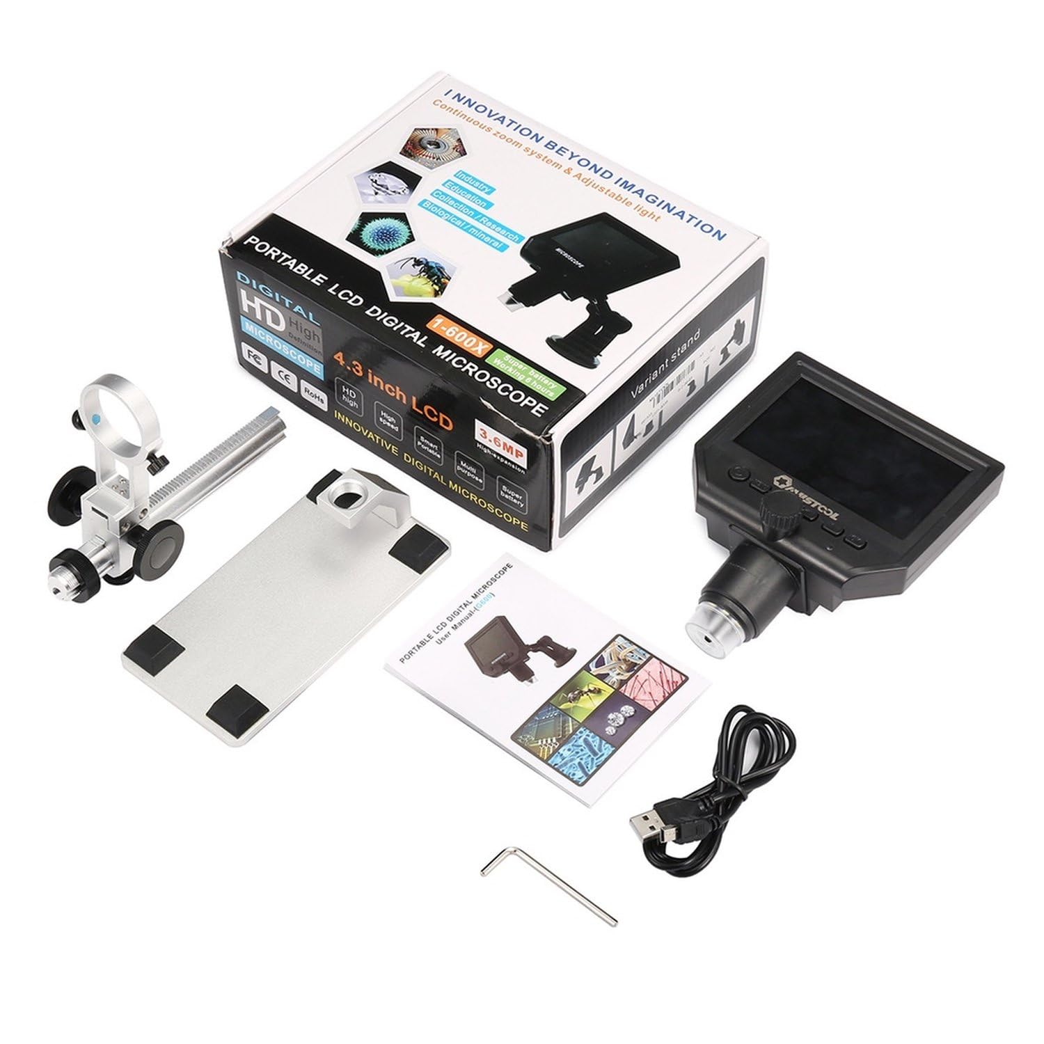 SATKIT Microscopio Digital LCD 4,3 Pulgadas Sensor 3,6MP HD Zoom 20x-600x con Soporte Metálico para Electrónica y Soldadura