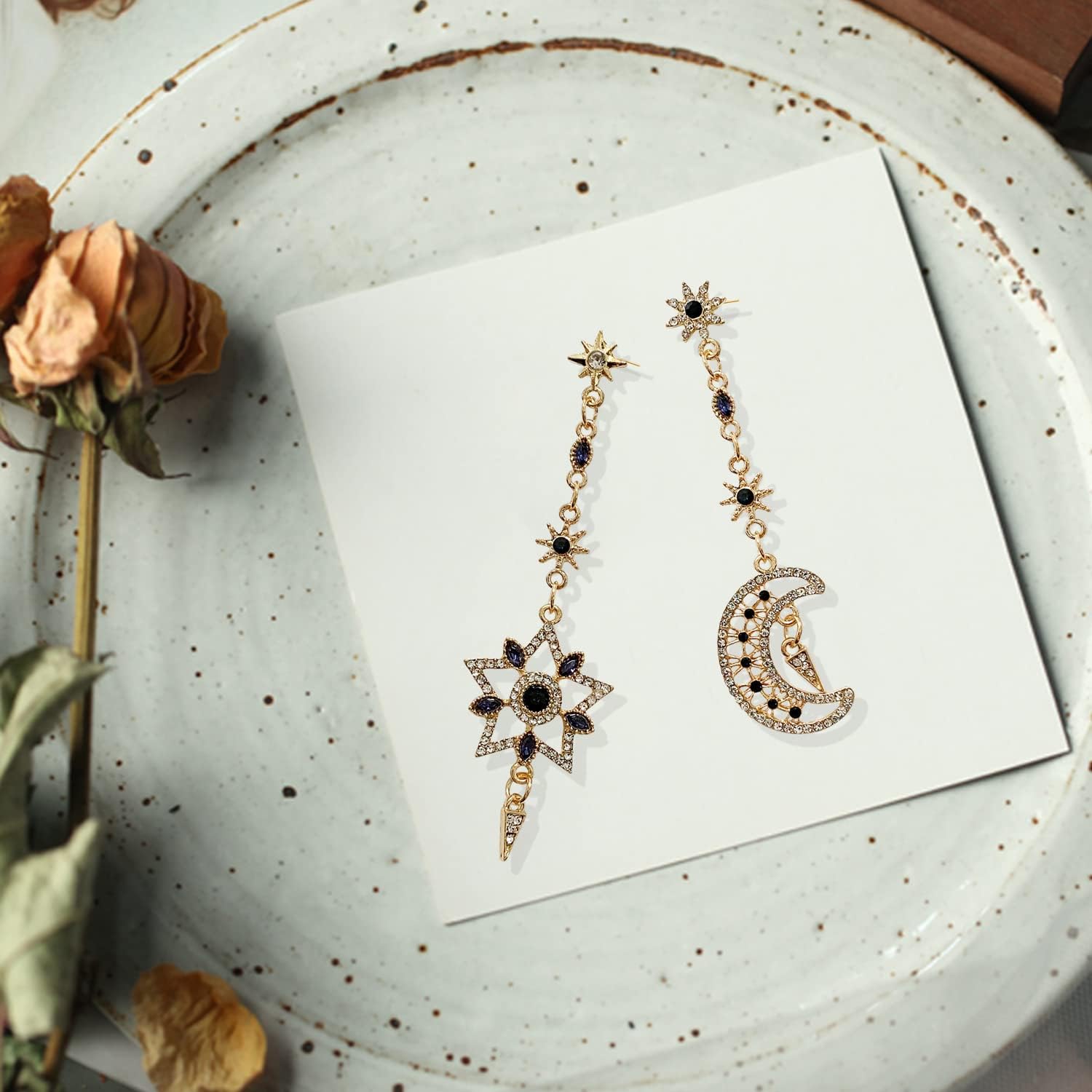 Unique Bohemian 18k Gold Sparkly Blue Crystal Moon Star Dangle Drop Earrings Moon Sun Stud Earring for Women - Image 6