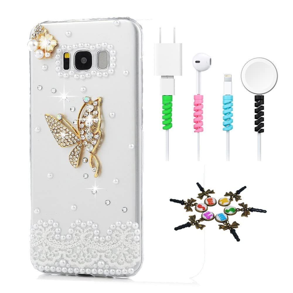 STENES Sparkle Case Compatible with Samsung Galaxy Note 4 - Stylish - 3D Handmade Bling Lace Butterfly Floweres Design Cover Case with Cable Protector [4 Pack] - Gold