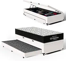 Bicama com Box Baú Solteiro com Colchão de Espuma D45 Ortobom Airtech 150 + Auxiliar Unique 88cm (Branco)