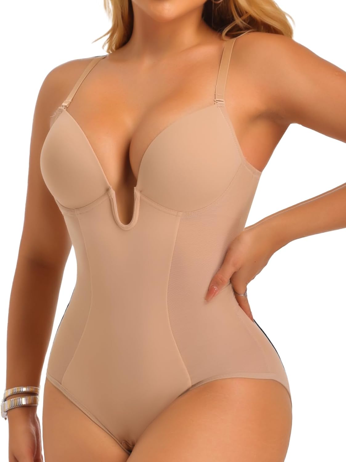 JOYSHAPER Women Shapewear Bodysuit Built in Bra Tummy Control U Plunge Backless Body Shaper Bra Thong Body Suits