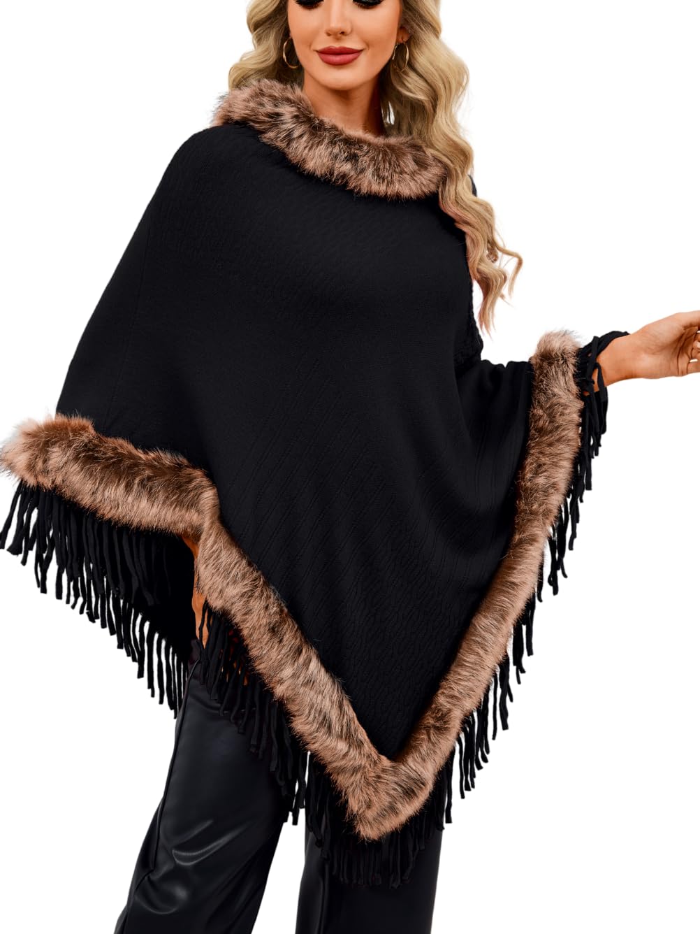 Womens Fur Trim Long Poncho Sweater Elegant Draped Shawl Wraps with Warm-Collar Fits 0-16