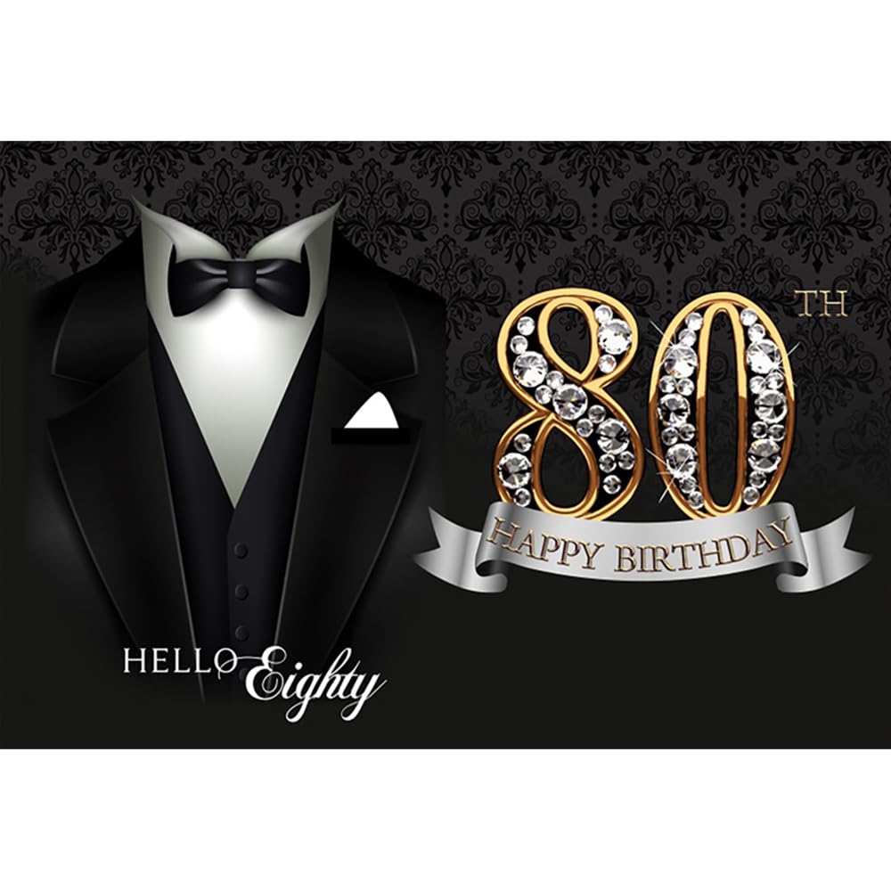 TTQYFNM 10x8ft Men 80th Birthday Background for Photography Black Necktie Suit Tuxedo Hello Eighty Backdrop Banner Luxury Diamonds Gold 80th Happy