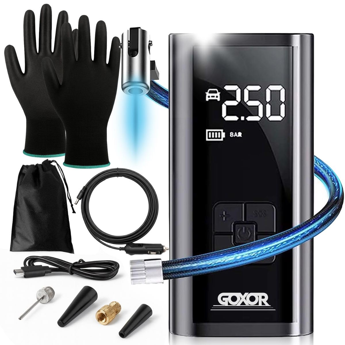 Compresseur à Air Portatif - Gonfleur Pneus Voiture Sans Fil, Kit Complet avec Gants, Batterie Puissante 6000mAh SUV, Moto, Trottinette Electrique,Vélo, Ballon, Gonflage Rapide, Facile D'utilisation