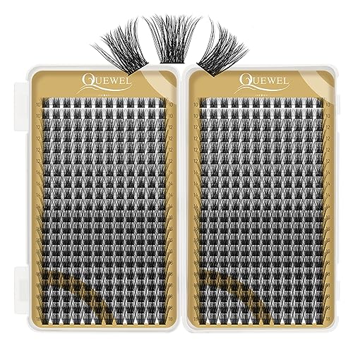 Cluster Lashes 480 Pcs QUEWEL Individual Eyelashes MIX10-18 D Curl DIY Lash Extensions Thin Band Lash Clusters Eyelashes Individual Volume False Eyelashes Soft & Light For Home Use(honey01 D MIX10-18)
