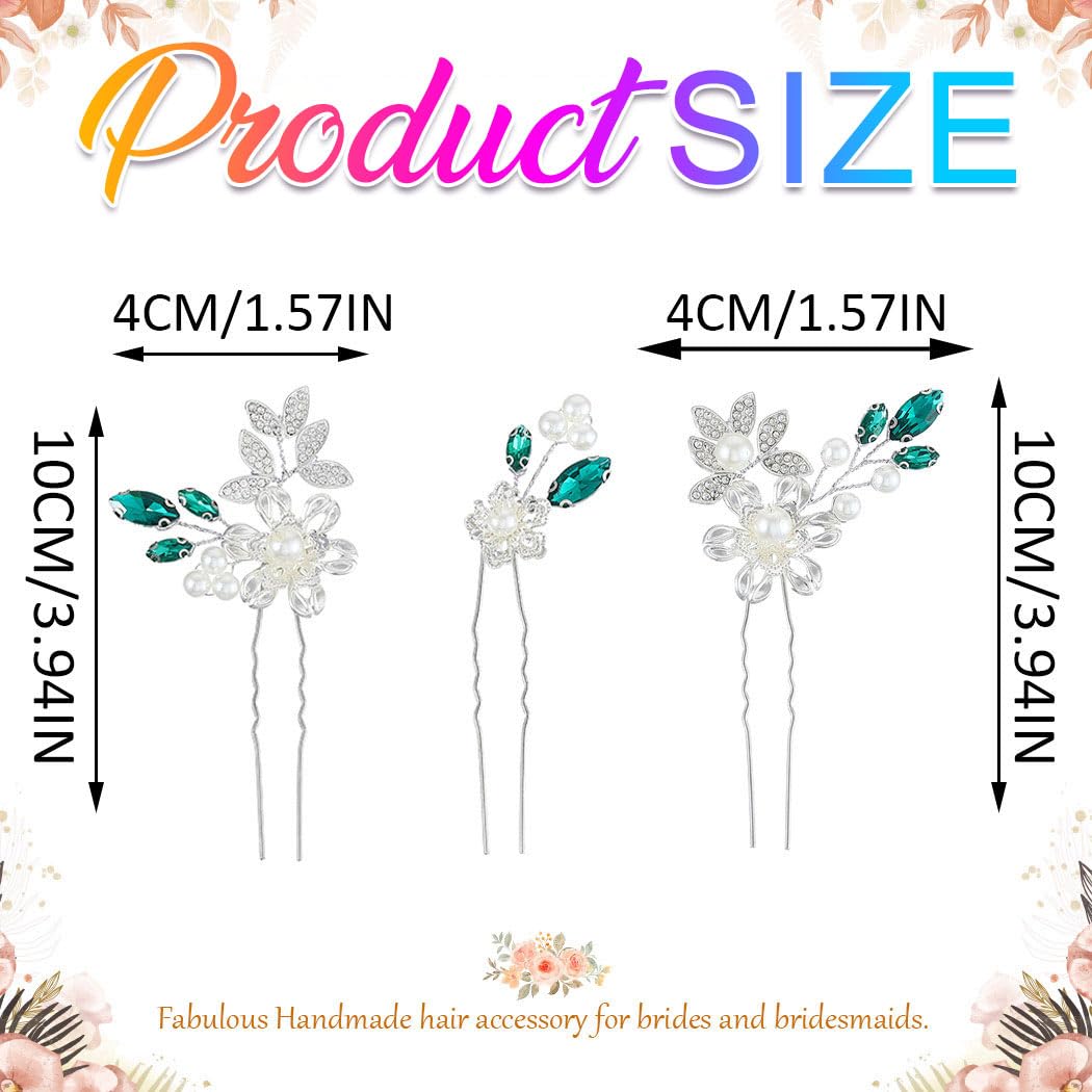 HEREAD Blue Crystal Bride Wedding Hair Pins Silver Flower Bridal Hair Pieces Pearl Hair Accessories for Women and Girls (Pack of 3) (Green) - Image 6