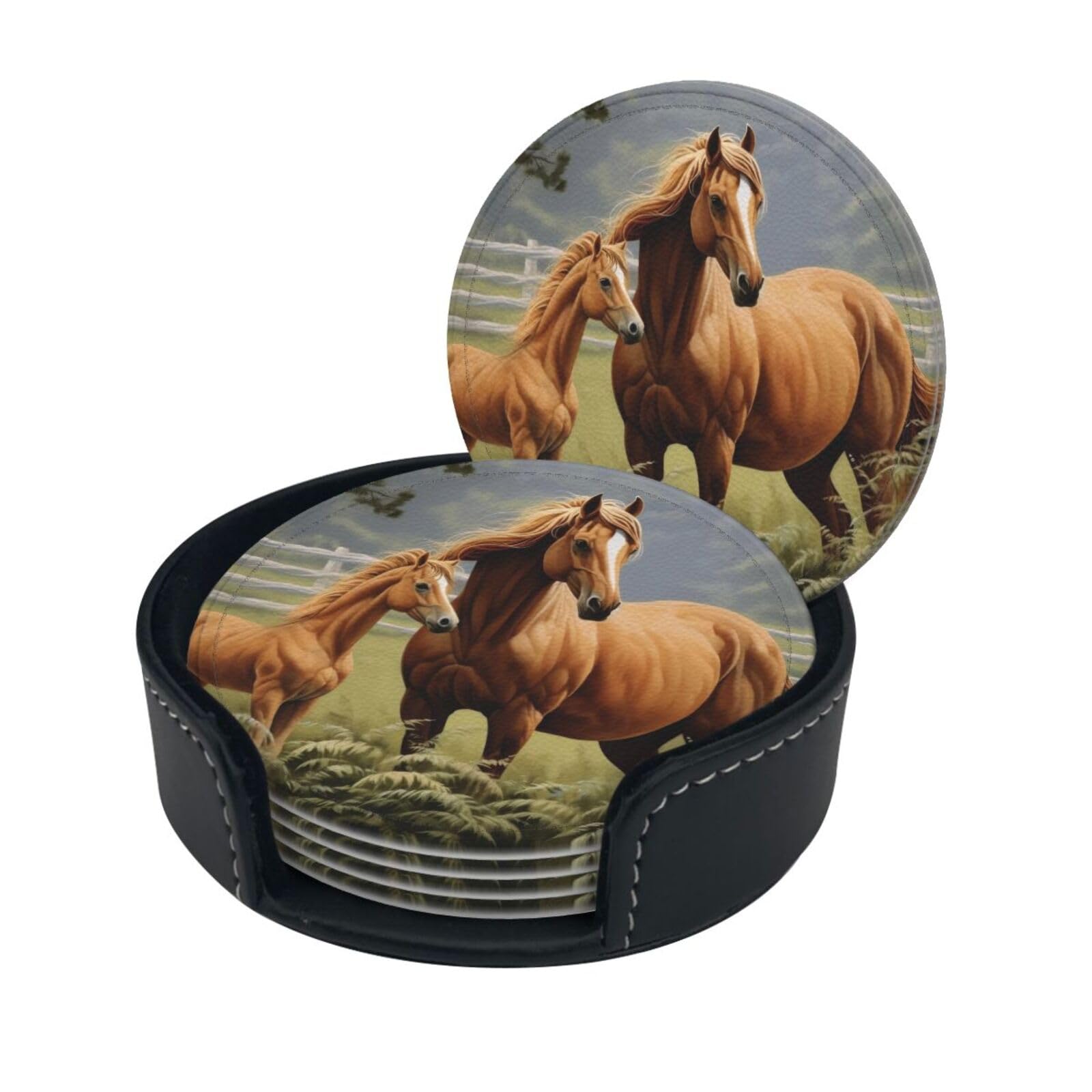 Stylish Coasters - Animals Embroidery Paintings Horses Set of 6 Round Leather Drink Coasters with Holder - Perfect Size for Cups and Glasses