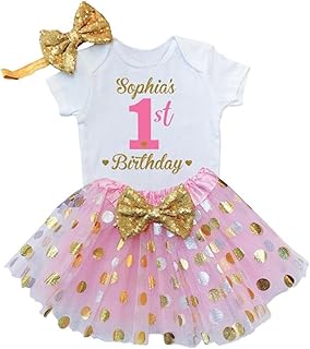 Personalized 1st Birthday Girl Outfit | Glittering Gold and Pink Tutu Dress with Elastic Closure Headband - Buy now