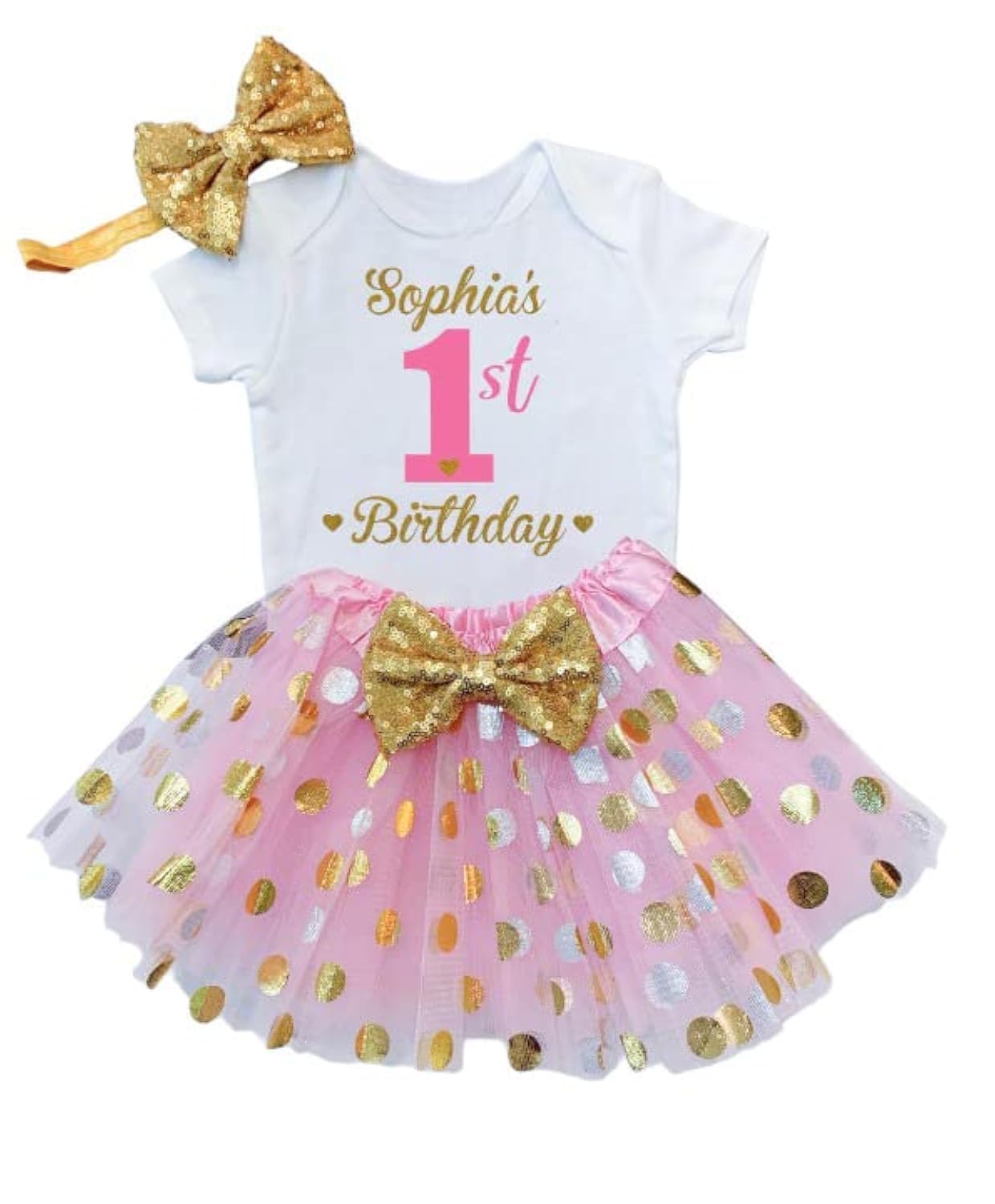 Funmunchkins Personalized 1st Birthday Girl Outfit | Glittering Gold and Pink Tutu Dress with Elastic Closure Headband | Soft Bodysuit – 24M
