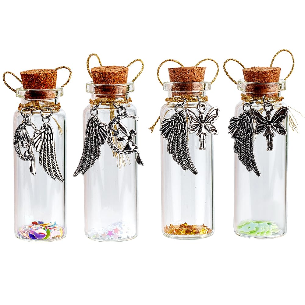 DELORIGIN 4pcs Pet Hair Glass Memorial Bottle Glass Tube Wishing Bottle with Winged Angel Pendants and Cork Stopper Dog Keepsake Memorial Urn Cat Remembrance Gift Sympathy Glass Vial for Pet Ashes