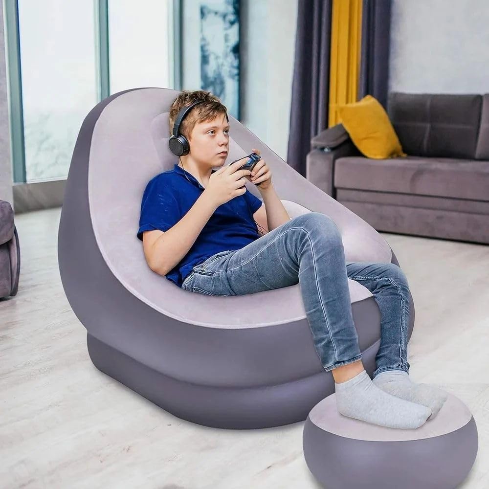 Inflatable Lounge Chair with Ottoman Set & Free Electric Air Pump | Portable Flocked Lazy Sofa Recliner & Footstool for Indoor, Camping, Dorm Room | Quick Inflation Air Couch 1