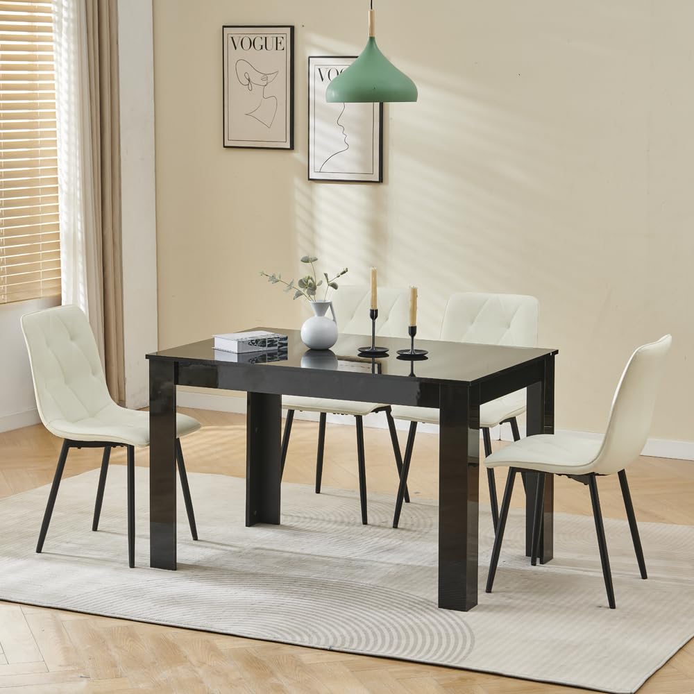 Homullel 5 Piece Dining Room Table and Chairs Set for Dining Room, Modern 120cm Black High Gloss Dining Table with 4 Cream PU Leather Chairs for Family Dinner Set Space Saving