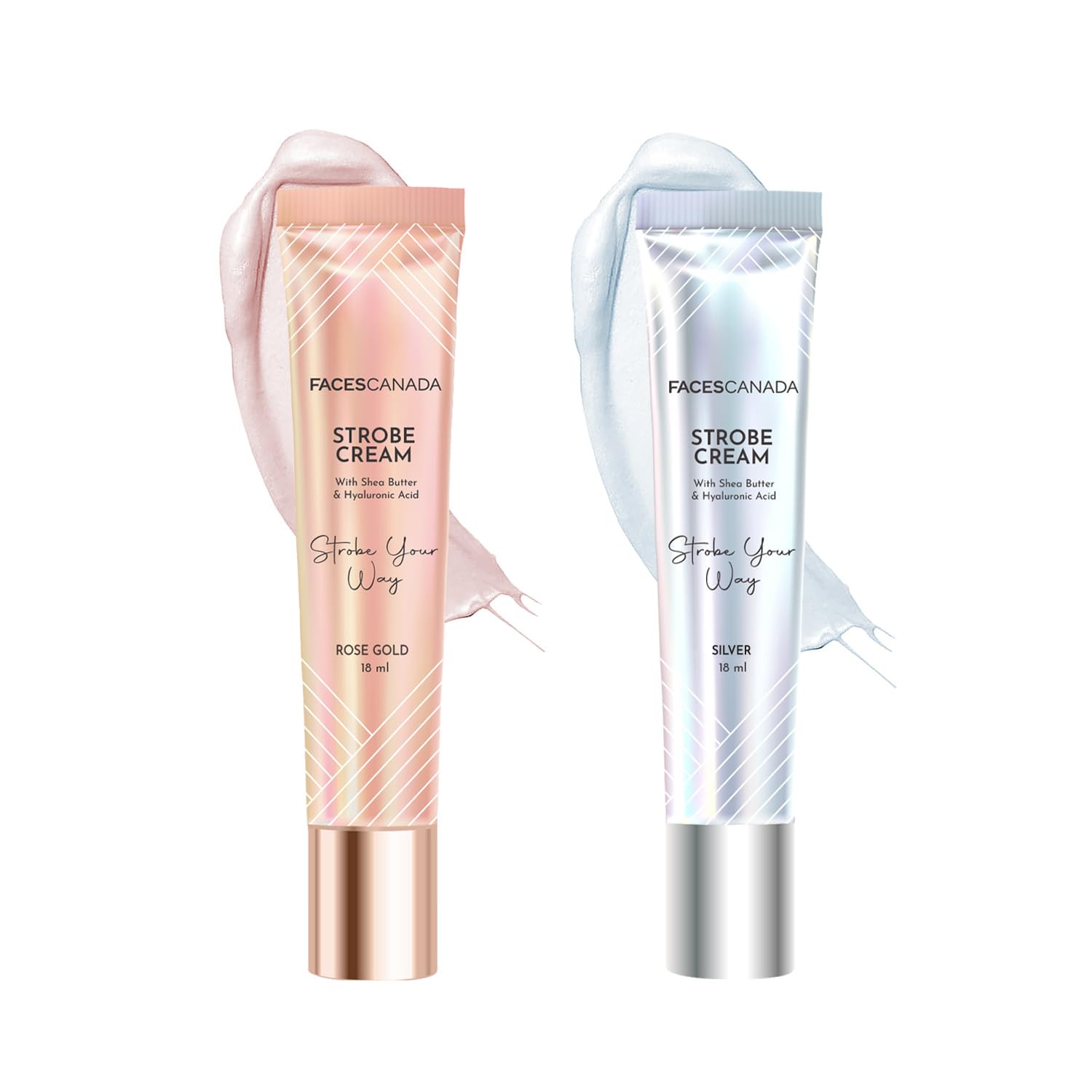 FACES CANADA Superb Glow Combo - Strobe Cream - Rose Gold (18 ml) + Strobe Cream - Silver (18 ml) | Primer + Highlighter + Moisturizer | Illuminating & Glowing Makeup Base | Intense Hydration