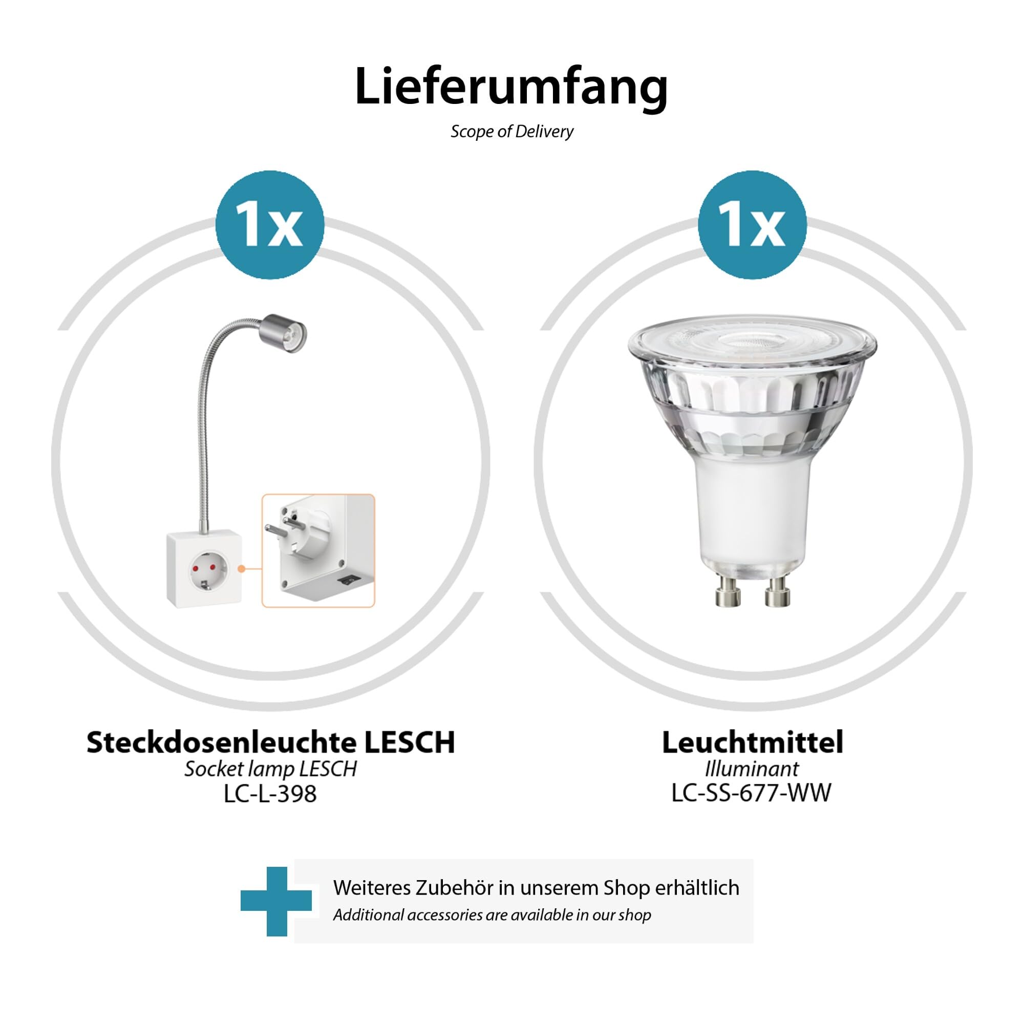 ledscom.de Steckdosenlampe LESCH Leselampe, chrom/weiß inkl. GU10 LED (warmweiß, 7,6W, 1103lm, 33°)