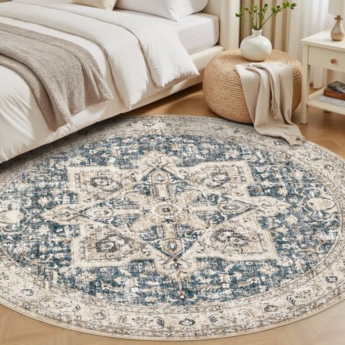 Tortania 8' Round Area Rug Living Room Rugs - Washable Boho Rug Vintage Oriental Distressed Farmhouse Large Thin Indoor Carpet for Bedroom Under Dining Table Home Office - Cream/Blue