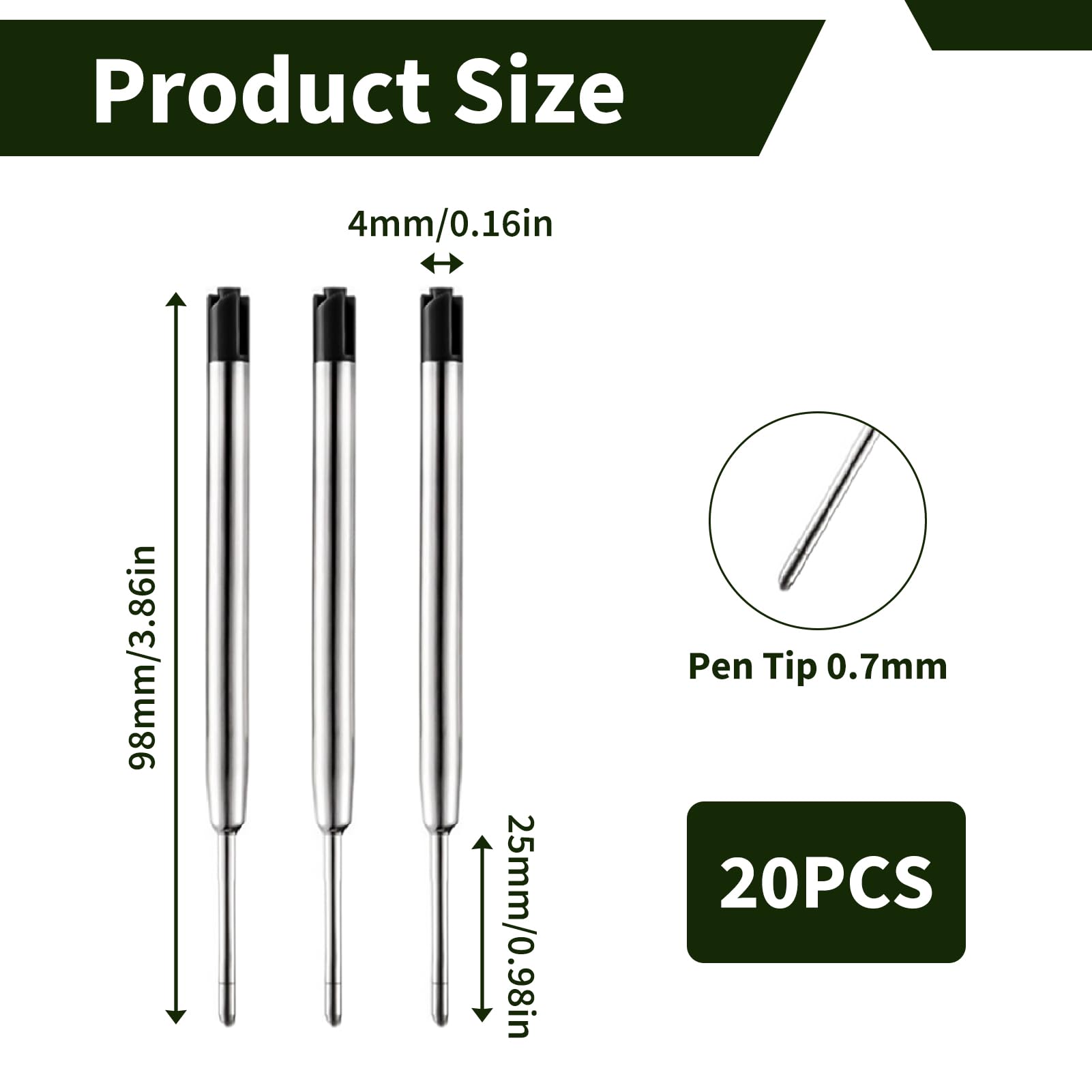 20 Stück Kugelschreiberminen Kompatible Parker G2-Format, Metall Kugelschreiber Ersatzminen Schwarz Metall Großraumminen Minen Nachfüllminen Stifte Ballpoint Pen Refills 0,7 mm Büro Schule Zuhause