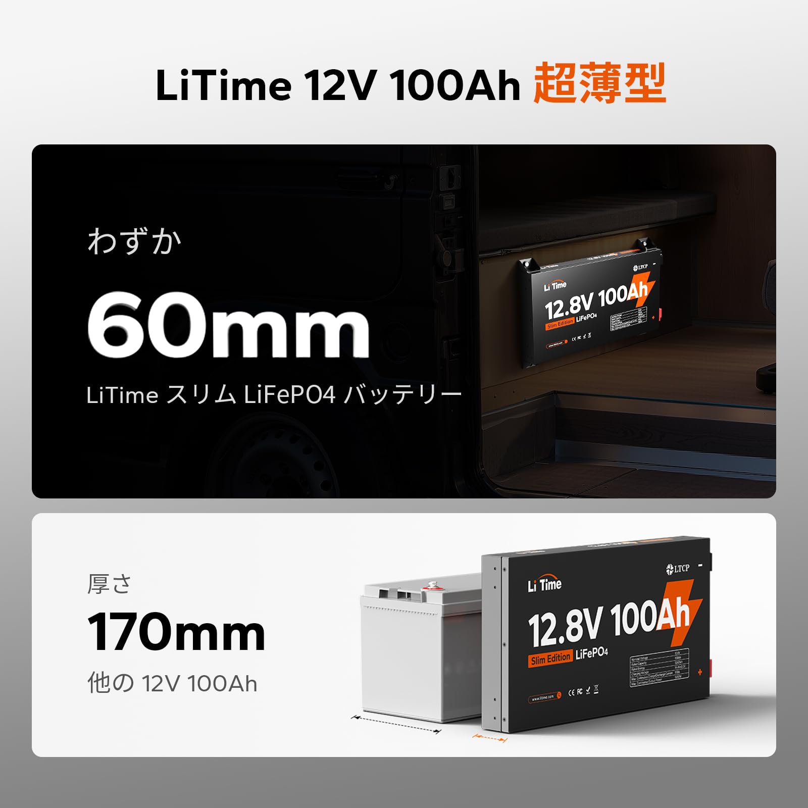 Amazon.co.jp: LiTime 12V 100Ah Slim 超薄型 リン酸鉄リチウムイオン 