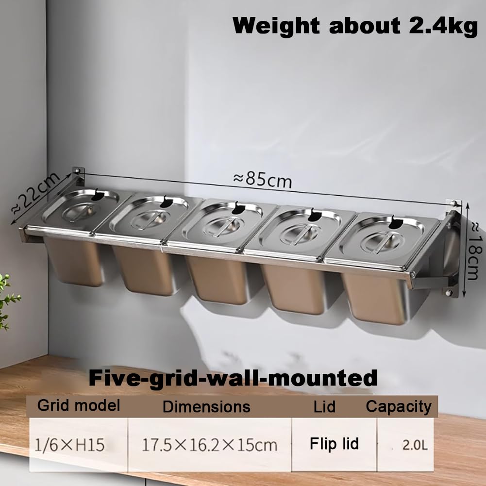 Scaffale commerciale da parete in acciaio inox con coperchio e cucchiaio, set di contenitori dispenser per spezie, stazione dispenser per insalata, scomparto per coperchi da