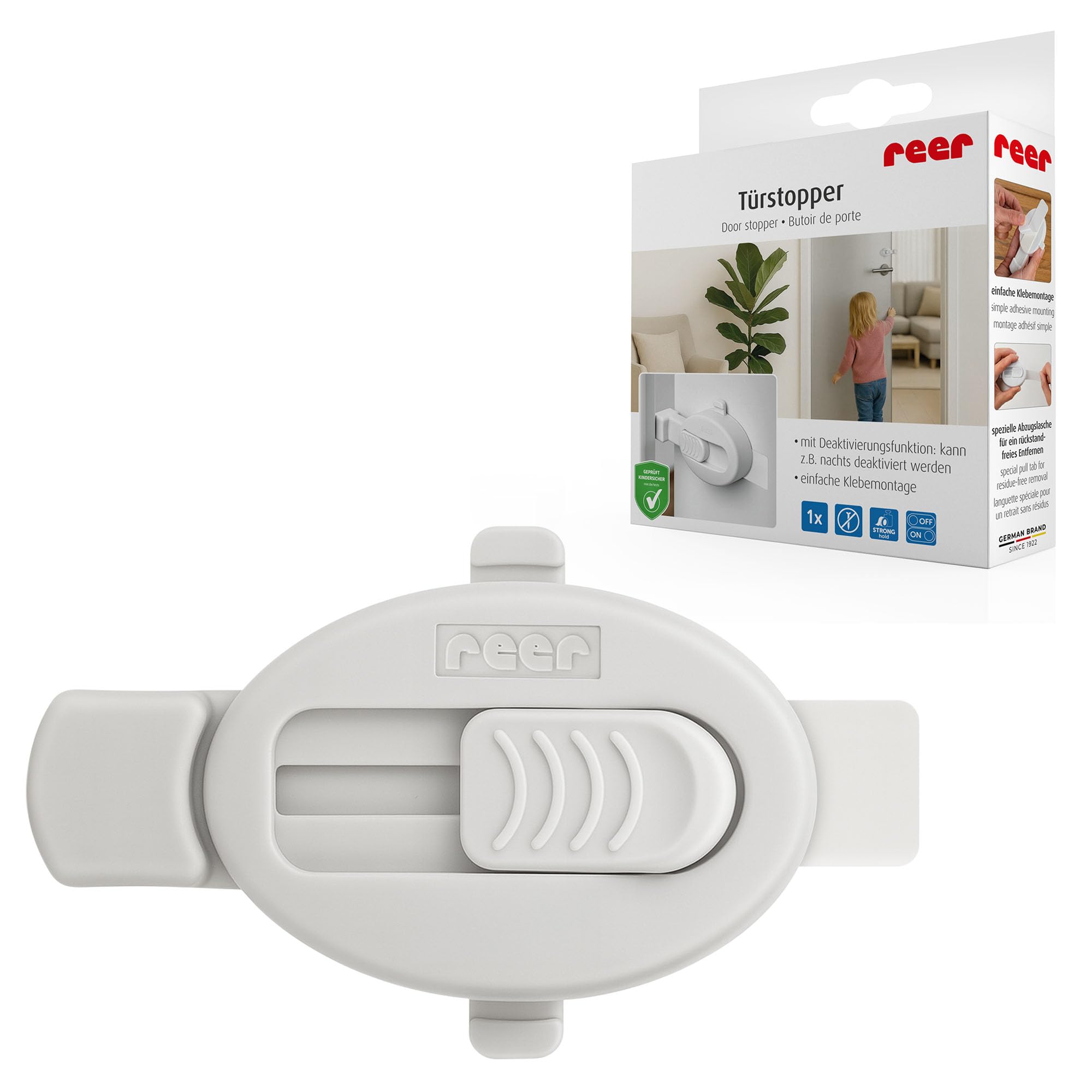 reer Türstopper mit Deaktivierungsfunktion | Kindersicherung | schützt Finger effektiv vor dem Einklemmen | einfache Klebemontage | universell passend für Holz- Glas- und Kunststofftüren