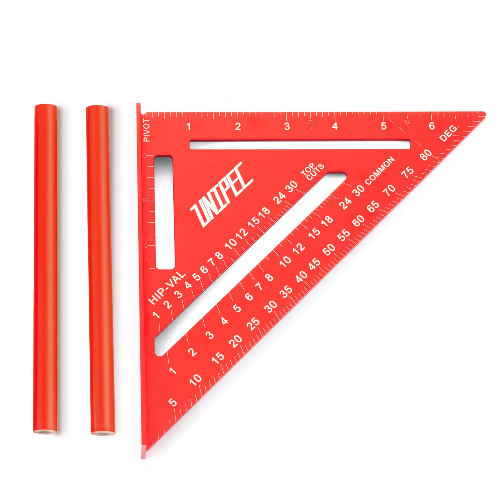 Unipec 7-Inch Aluminum Rafter Square with Carpenter Pencils - Heavy-Duty Alloy Metal Triangle Ruler & Protractor for Woodworking, Carpentry, and Layout Measurements