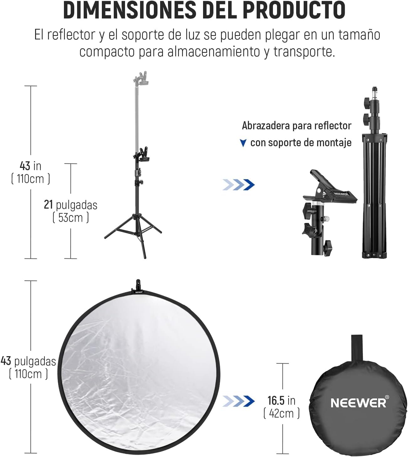 NEEWER Kit de Reflector de Luz de 43"/110cm, Reflector Redondo Plegable 5 en 1 (Translúcido/Plateado/Dorado/Blanco/Negro), Abrazadera de Metal y Soporte Corto de 21"-43"/53-110cm para Fotografía