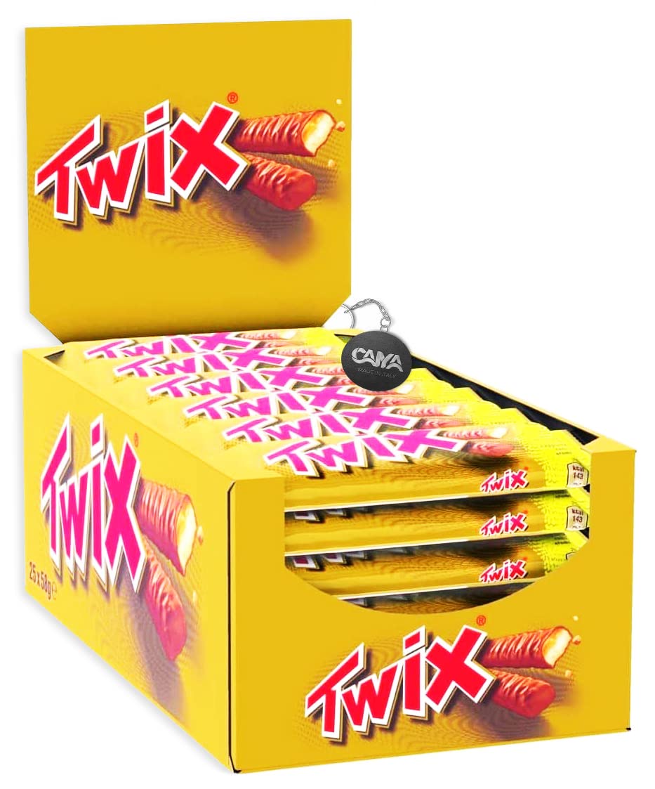 Twix Snack Barrette con Biscotto Ripieno di Caramello e Ricoperto di Cioccolato al Latte - Box 25x50gr con Portachiavi CAIYA®