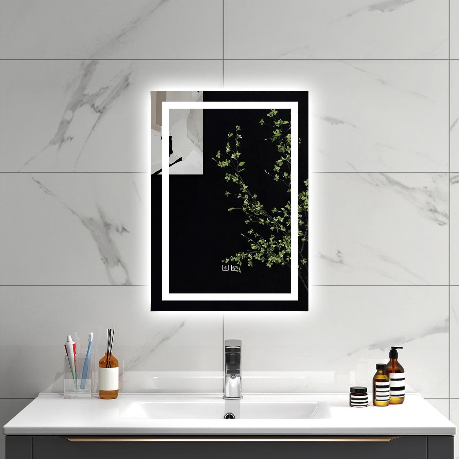 SLINE SANITARY 70x50cm Bluetooth Bathroom LED Mirror,Dimmable 3 Colors,Anti-Fog,Memory functions,Touch controls,Horizontal/Vertical