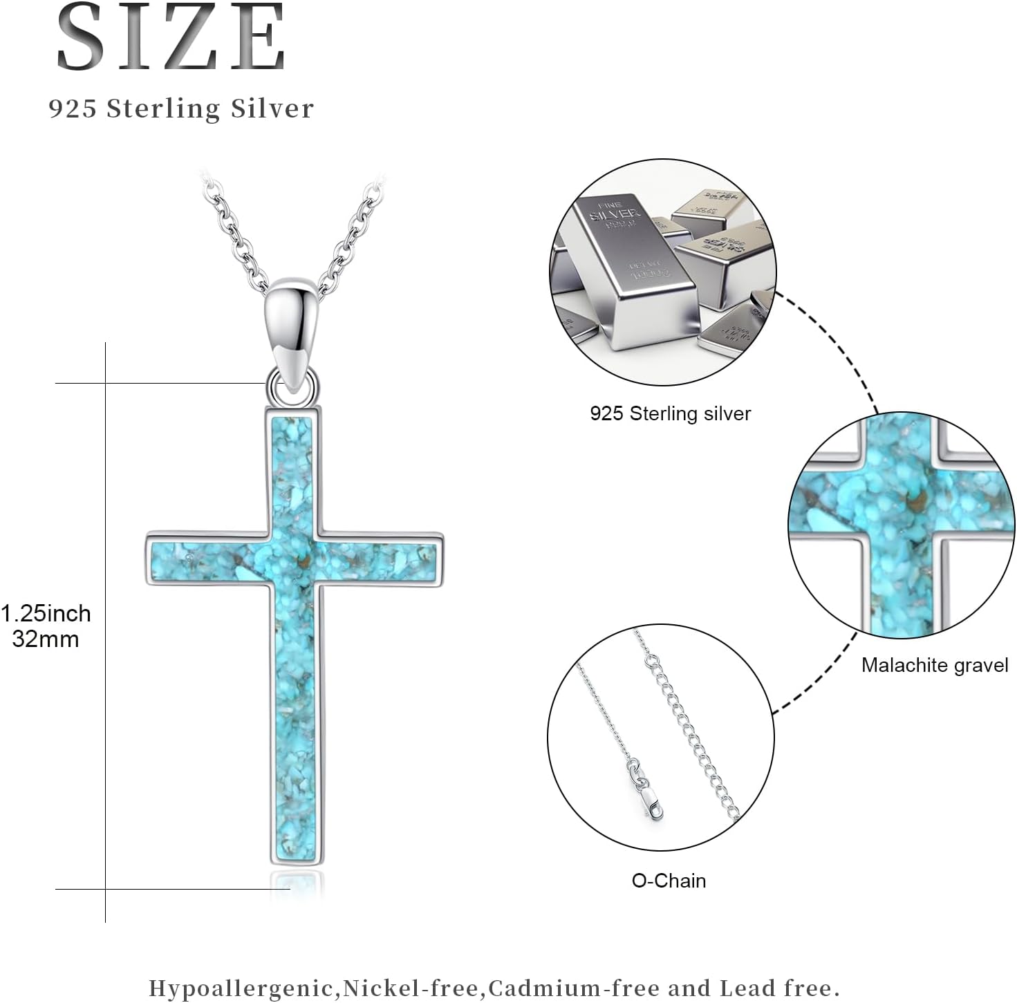 Silver Cross Necklace for Women 925 Sterling Silver Crushed Turquoise/Malachite/Black Onyx Pendant Necklace Christian Religious Jewelry Confirmation Gifts for Girls Men Boys - Image 4