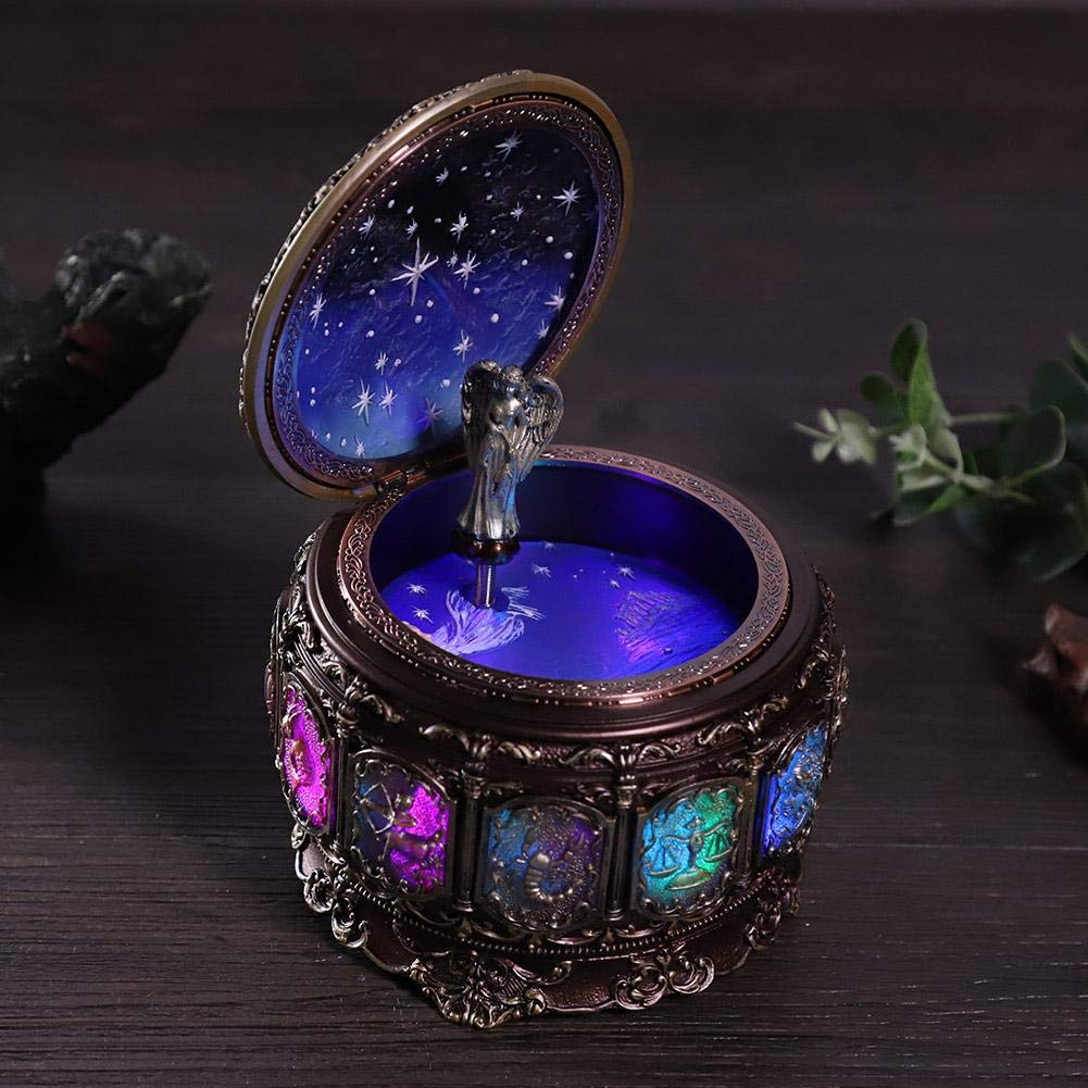 MAGT Spieluhr Vintage, 12 Sternbilder Spieluhr mit Sternbildern Rotierende Göttin Funkelnden LED Lichter, Geschenke für Weihnachten Valentinstag Geburtstag (Pisces)