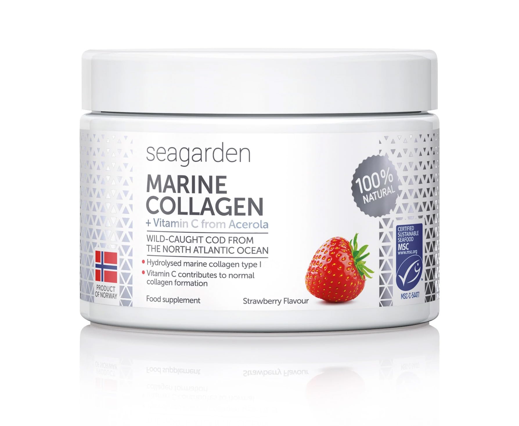 Norwegian Marine Collagen Powder + Vitamin C I Wild-Caught Fish From the North Atlantic Ocean I Hydrolysate Peptides | Strawberry Taste I Supplement for Skin, Hair & Nails, I Halal- Certified |150g
