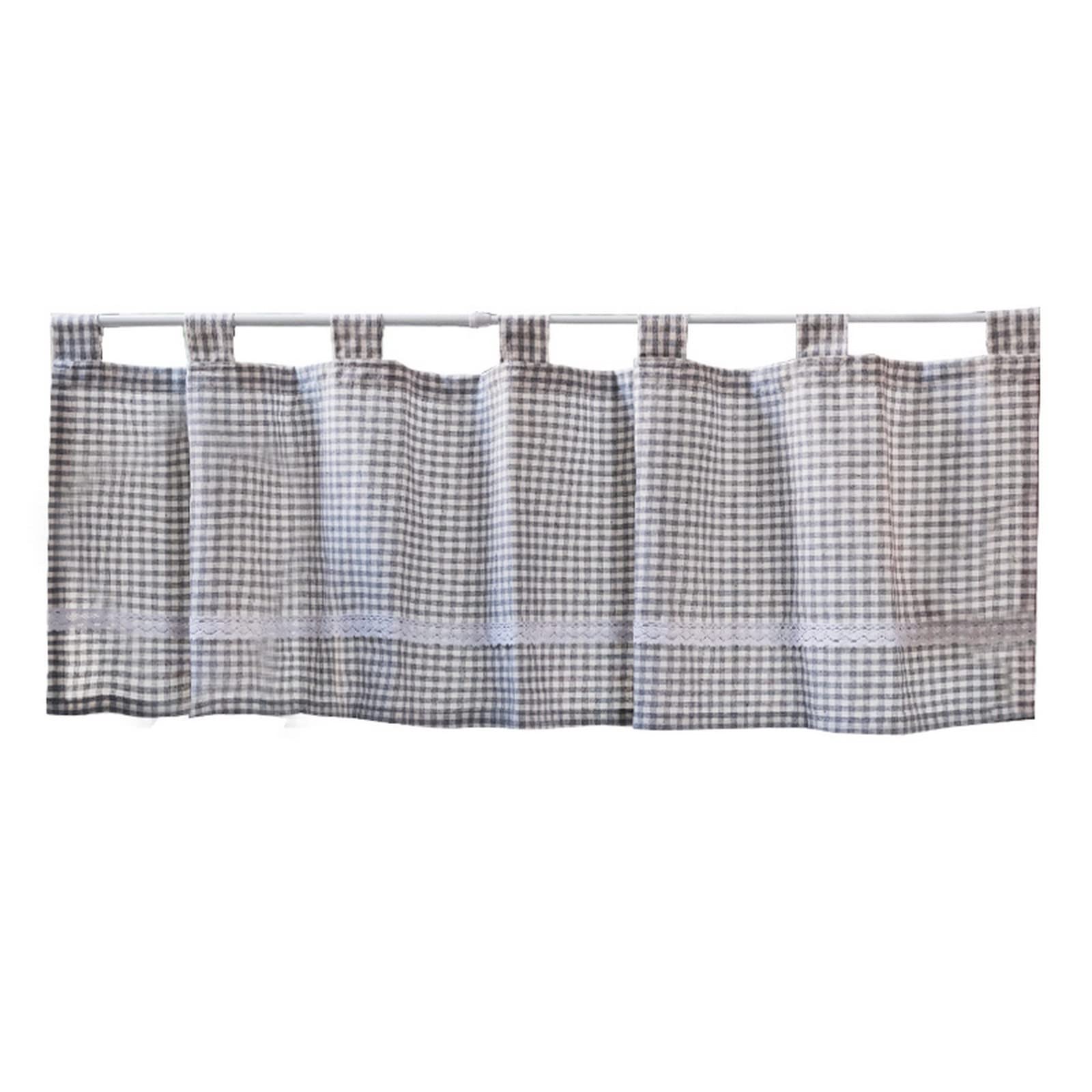 A.Monamour Gardine Scheibengardinen Kurzstores Tab-Top Grau Kariert Baumwolle Leinen Blickdicht Mit Spitze Kurzvorhang Kurzgardinen Küchengardine Küche Vorhang Fenster Kurz Stores Bistrogardine