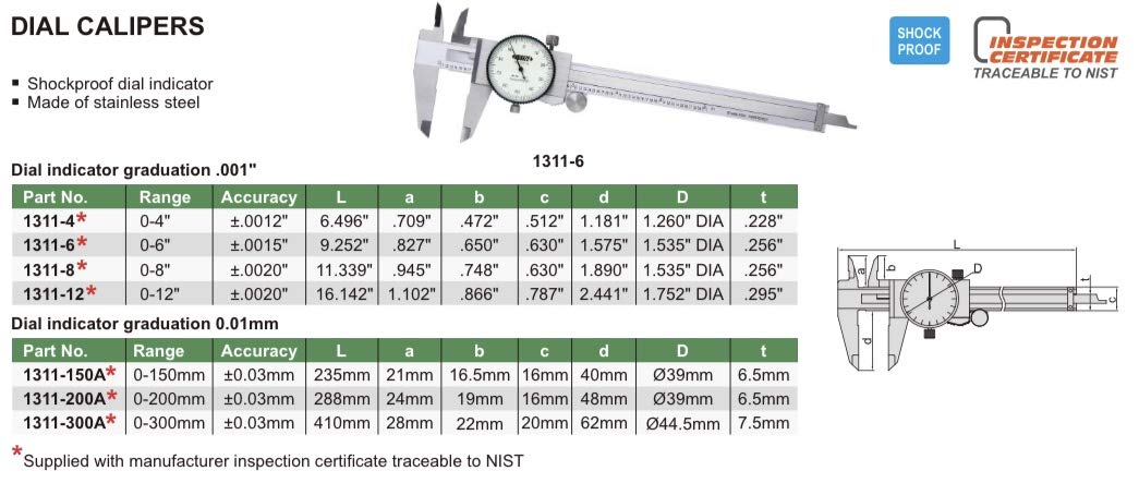 INSIZE 1311-6 Dial Caliper, 0-6", Graduation 001"